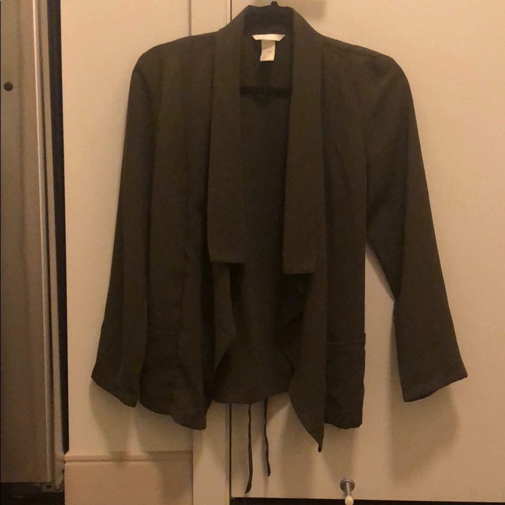 Olive green draped blazer with pockets and belt - Picture 1 of 6